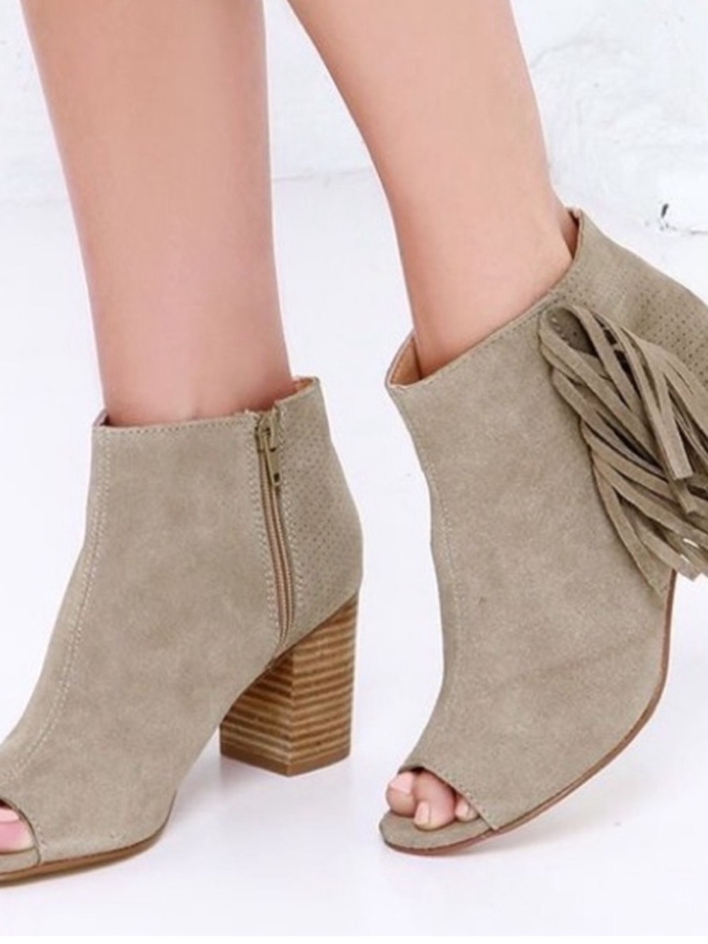Kensie Taupe Suede Peep-Toe Fringe Ankle Booties